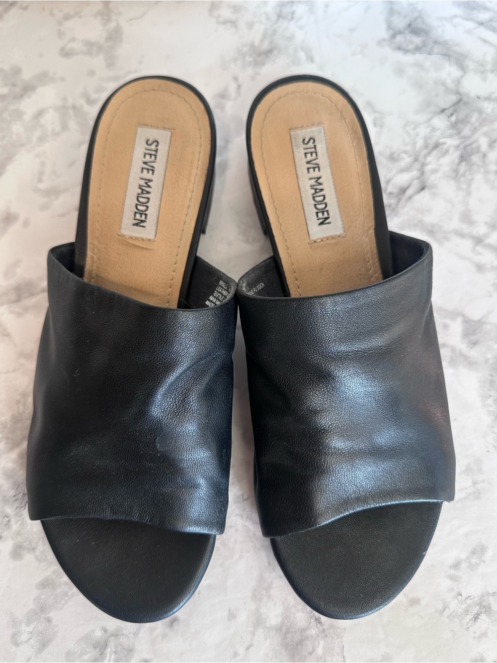 Steve Madden Briele Black Leather Slide Sandals Women's Size 7M Block Heel Mules